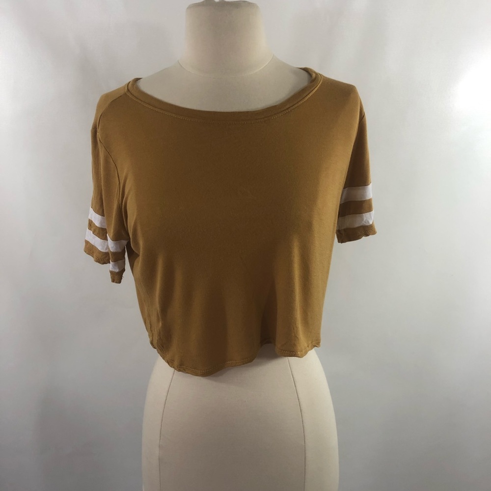 Gold crop top with white strips on arms